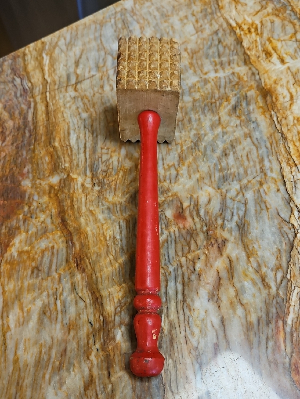 Vintage Wooden Meat Tenderizer with Red Handle